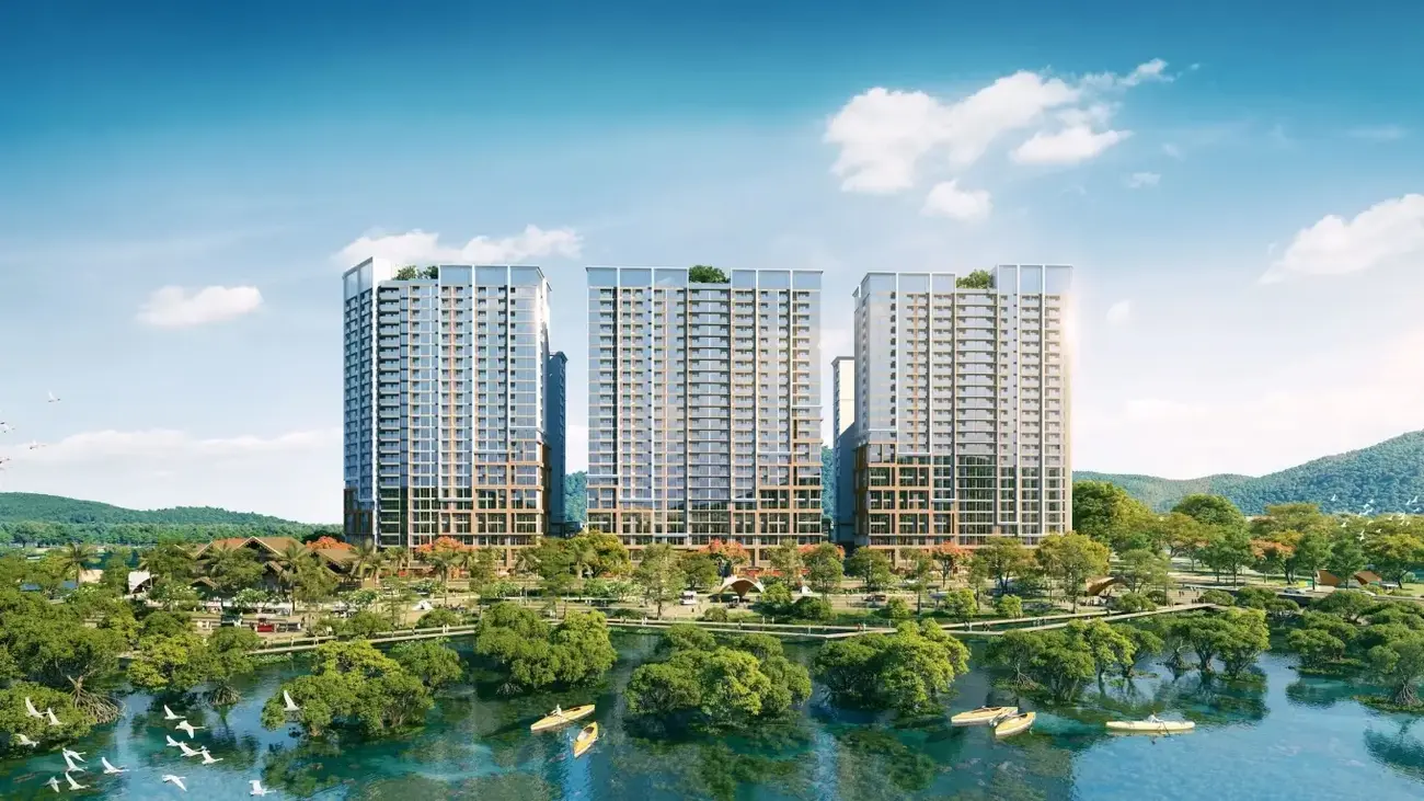 Ba tòa tháp Onsen tại Charmora City kết hợp kiến trúc Champa, phong cách Pháp và tính hiện đại. Ảnh: Sun Property.