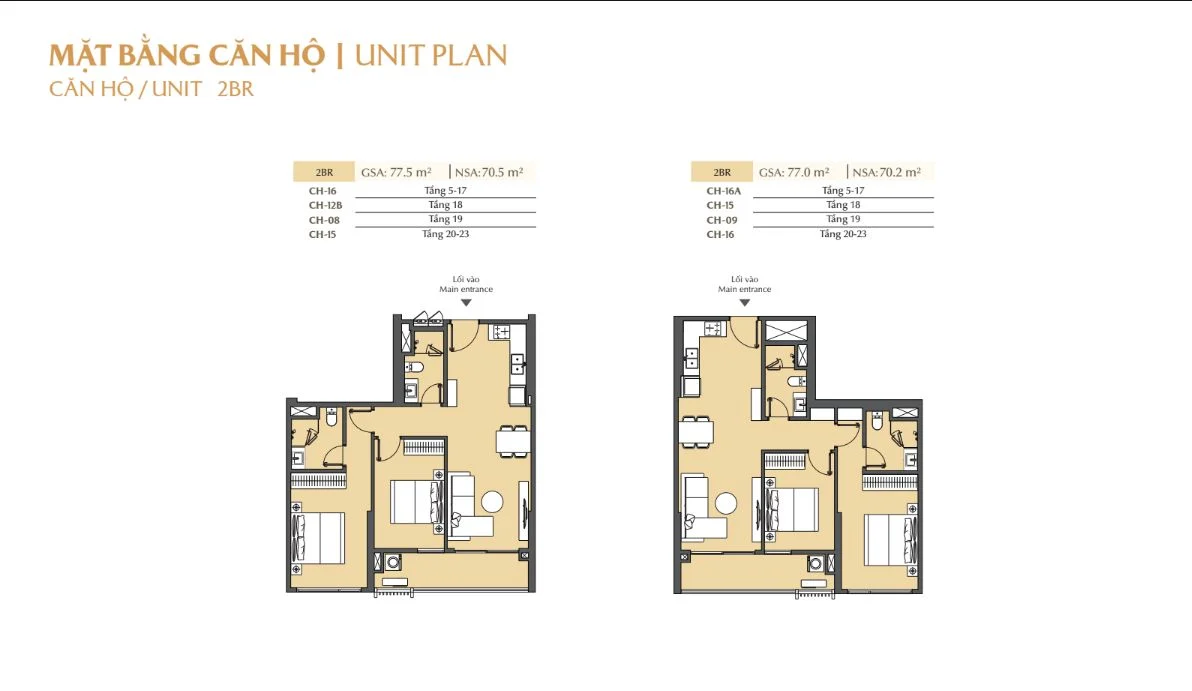 Bản vẽ layout các mã căn hộ 2 phòng ngủ CH-16, CH-15, CH-09 tại Masteri Cosmo Central