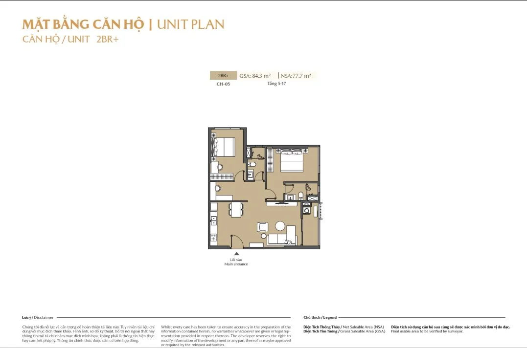 Chi tiết mặt bằng căn hộ 2 phòng ngủ cộng 2BR+ tại tòa A Masteri Cosmo Central