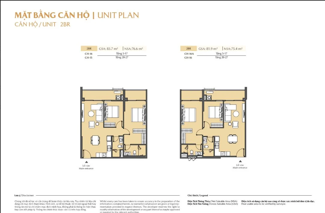 Mặt bằng căn hộ 2 phòng ngủ 2BR diện tích lớn mã CH-16 tại tòa A Masteri Cosmo Central
