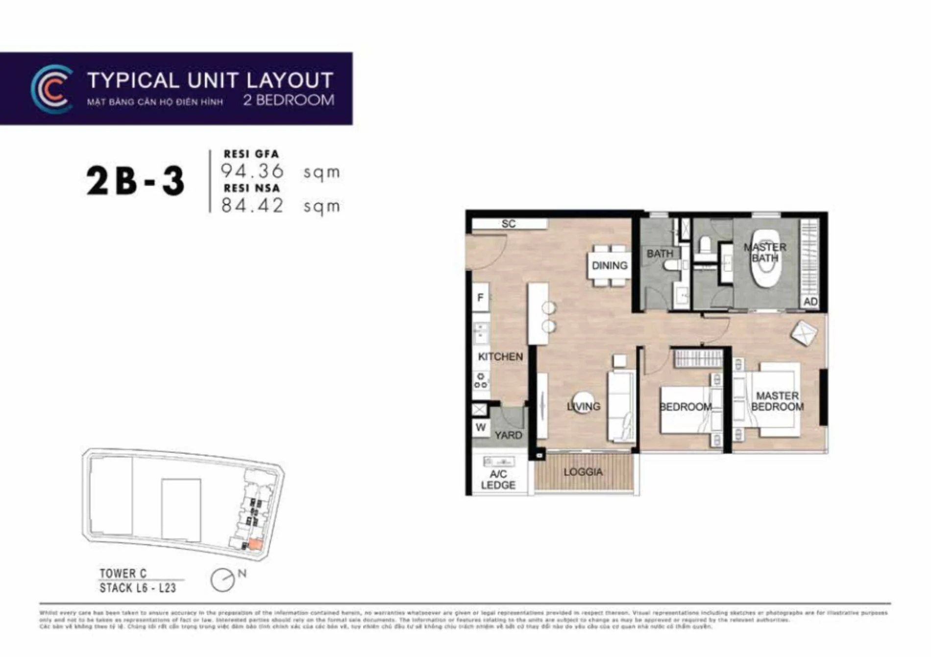 Bản vẽ layout căn hộ 2 phòng ngủ 2B-3 thiết kế bếp đảo tại The Crest Residence