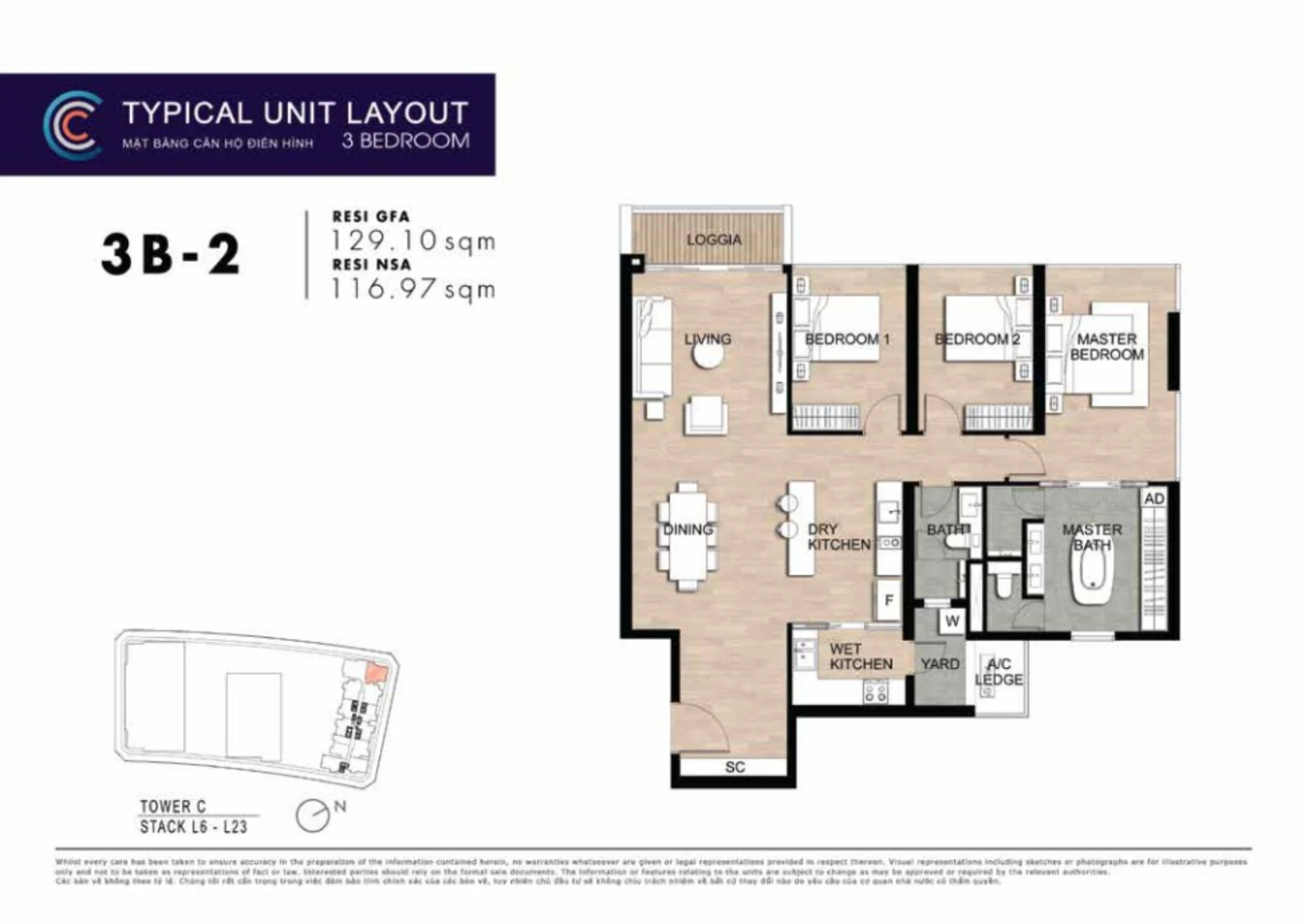 Thiết kế layout căn hộ 3 phòng ngủ 3B-2 bếp ướt bếp khô The Crest Residence