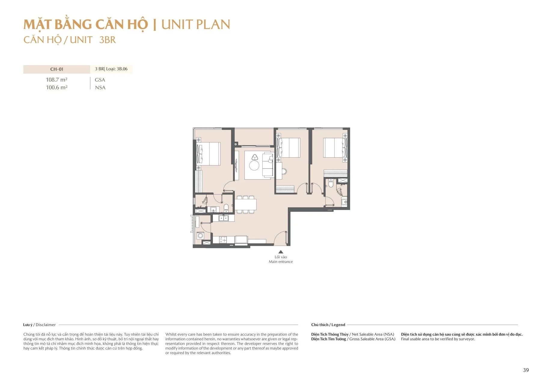 Bản vẽ chi tiết layout căn hộ 3 phòng ngủ mã CH-01 diện tích lớn tại tháp B2 Masteri Park Place