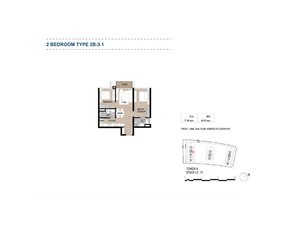 Chi tiết layout thiết kế căn hộ 2 phòng ngủ Type 2B-3.1 The Galleria Residence
