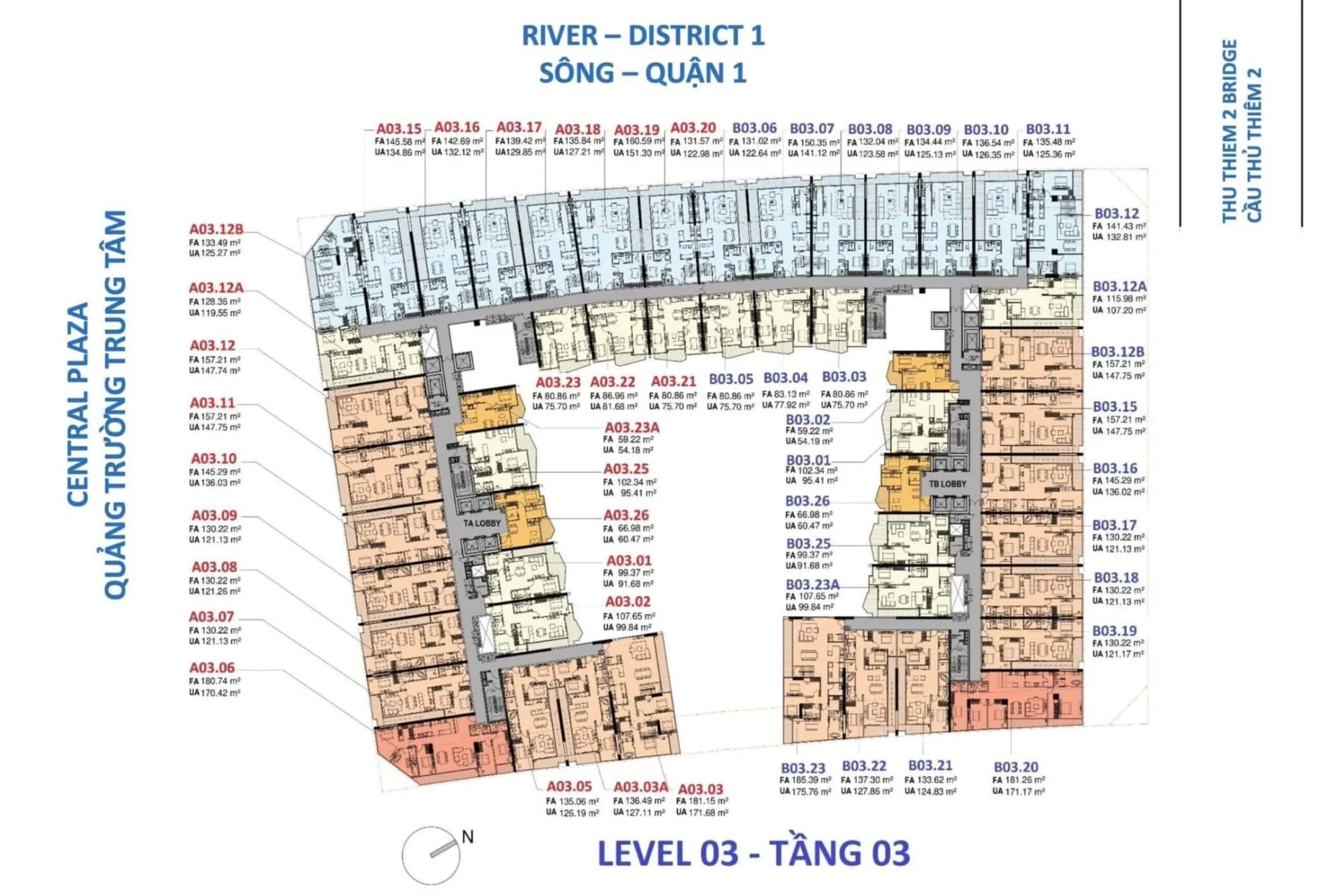 Sơ đồ mặt bằng tầng 3 dự án The Metropole Thủ Thiêm với tầm nhìn hướng sông và Quận 1