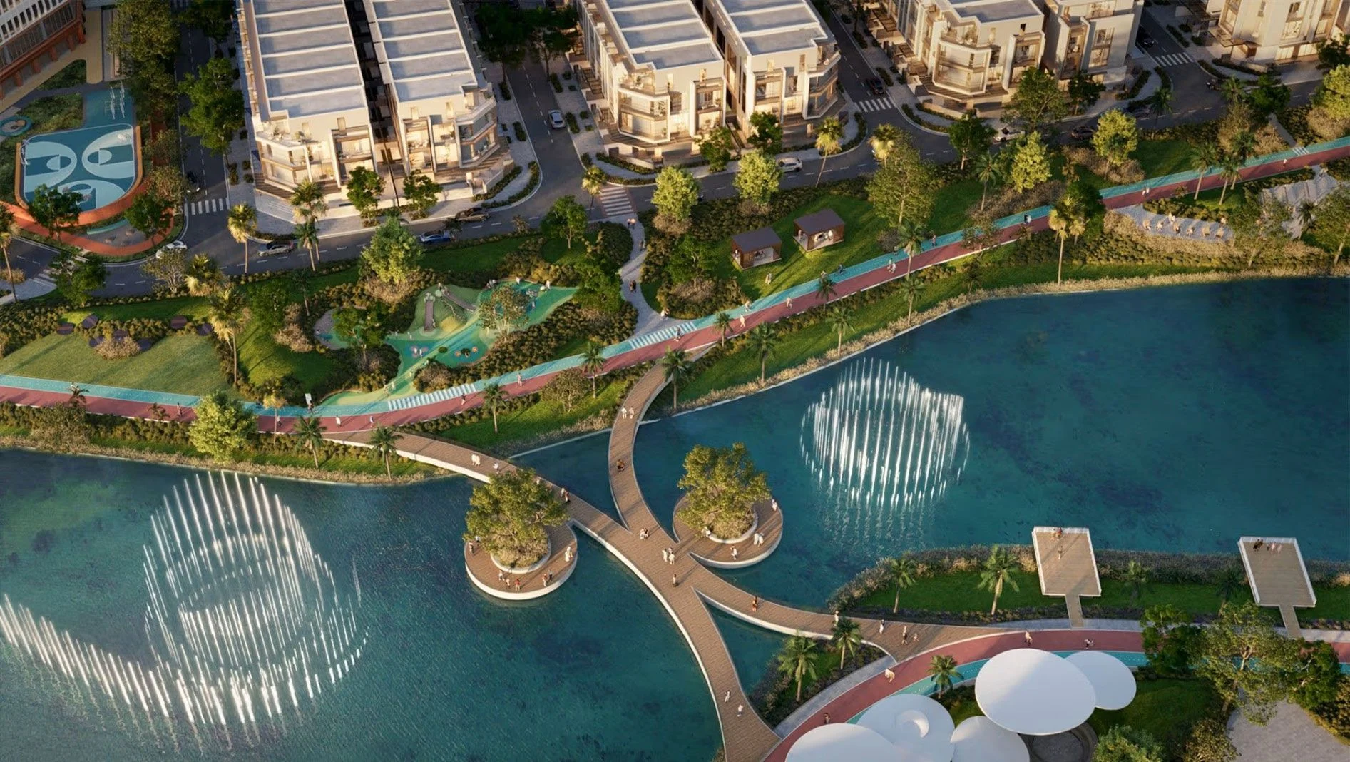 Lối đi bộ và công viên xanh mát ven kênh tại Masteri Cosmo Central