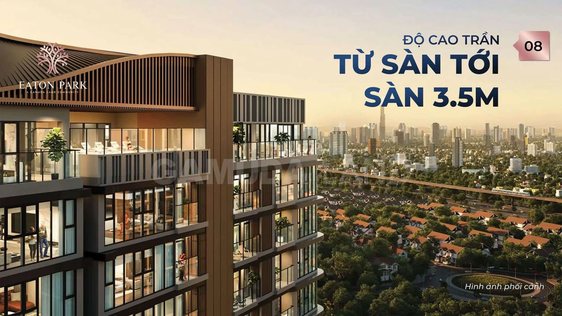 Mặt đứng tòa nhà Eaton Park với ban công kính và thiết kế trần cao 3.5m