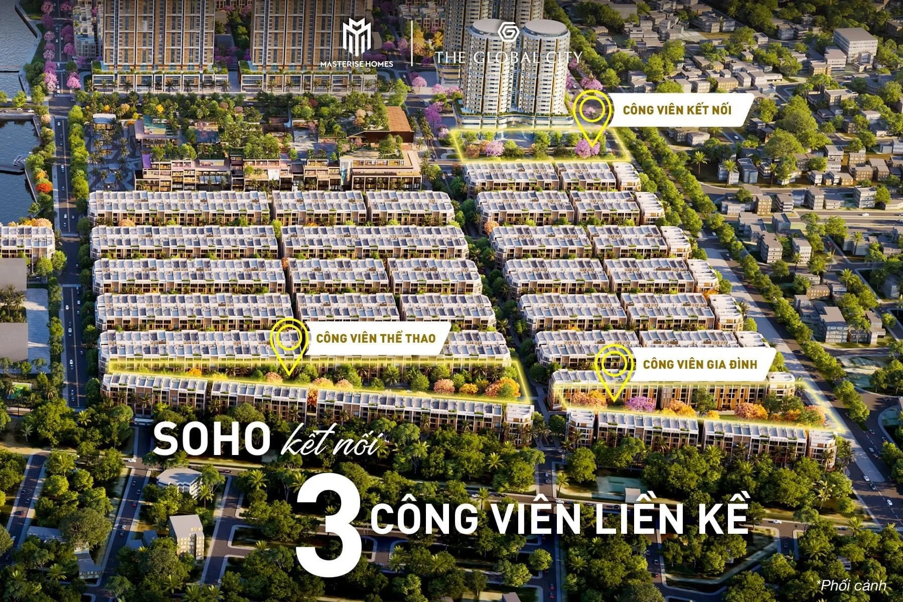 Phối cảnh hệ thống 3 công viên liền kề gồm công viên kết nối, công viên thể thao và công viên gia đình tại phân khu Soho.