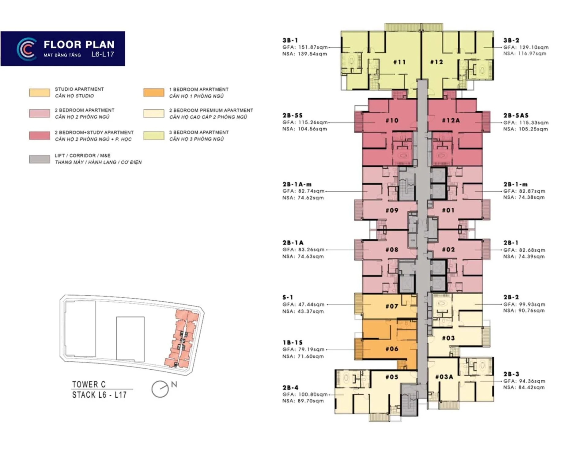 Mặt bằng tầng điển hình từ tầng 6 đến 17 khu The Crest dự án The Metropole Thủ Thiêm