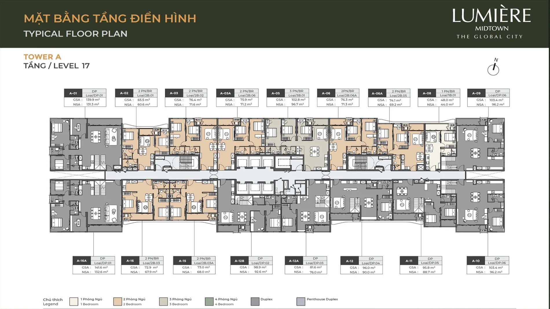 Chi tiết mặt bằng tầng 17 tháp A căn hộ Lumiere Midtown