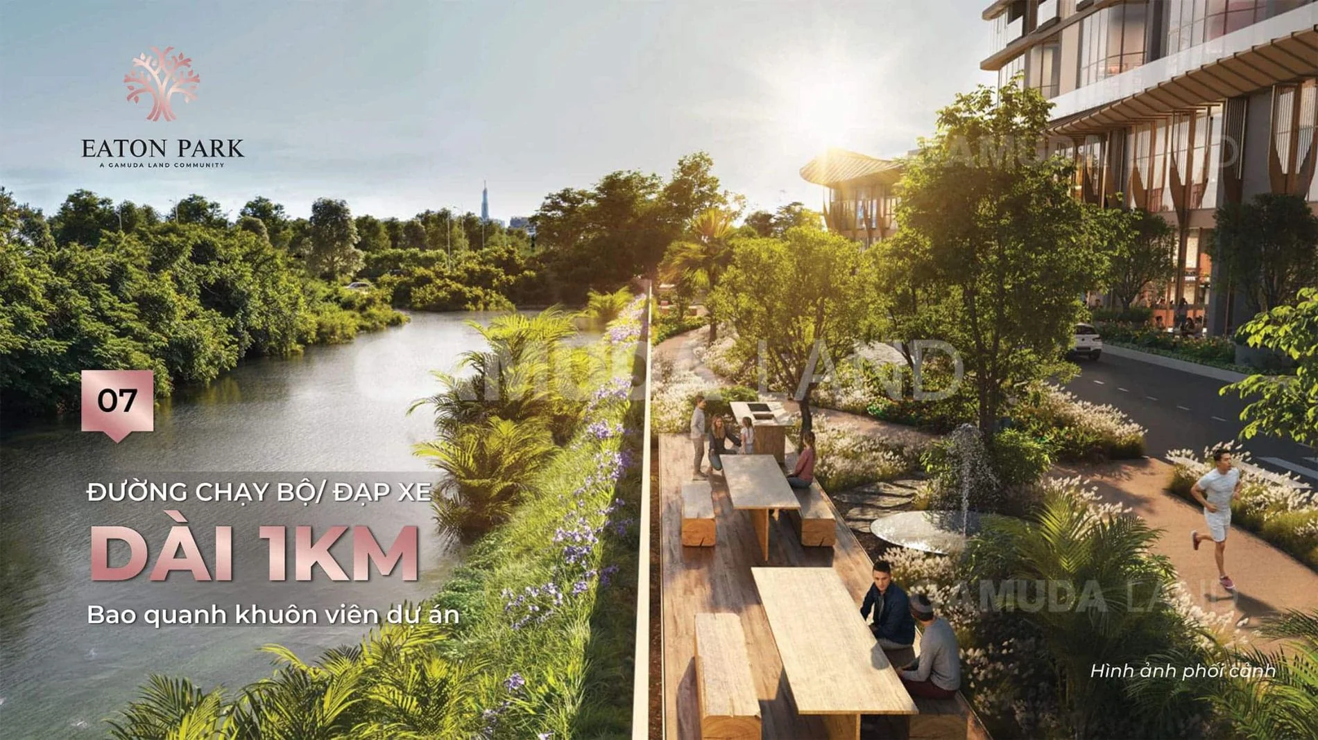 Cư dân chạy bộ và nướng BBQ bên cạnh con kênh xanh tại Eaton Park