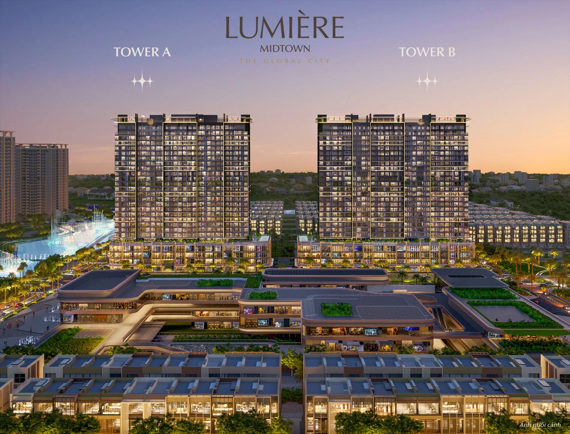 Phối cảnh ban đêm hai tòa tháp Tower A và Tower B dự án Lumiere Midtown