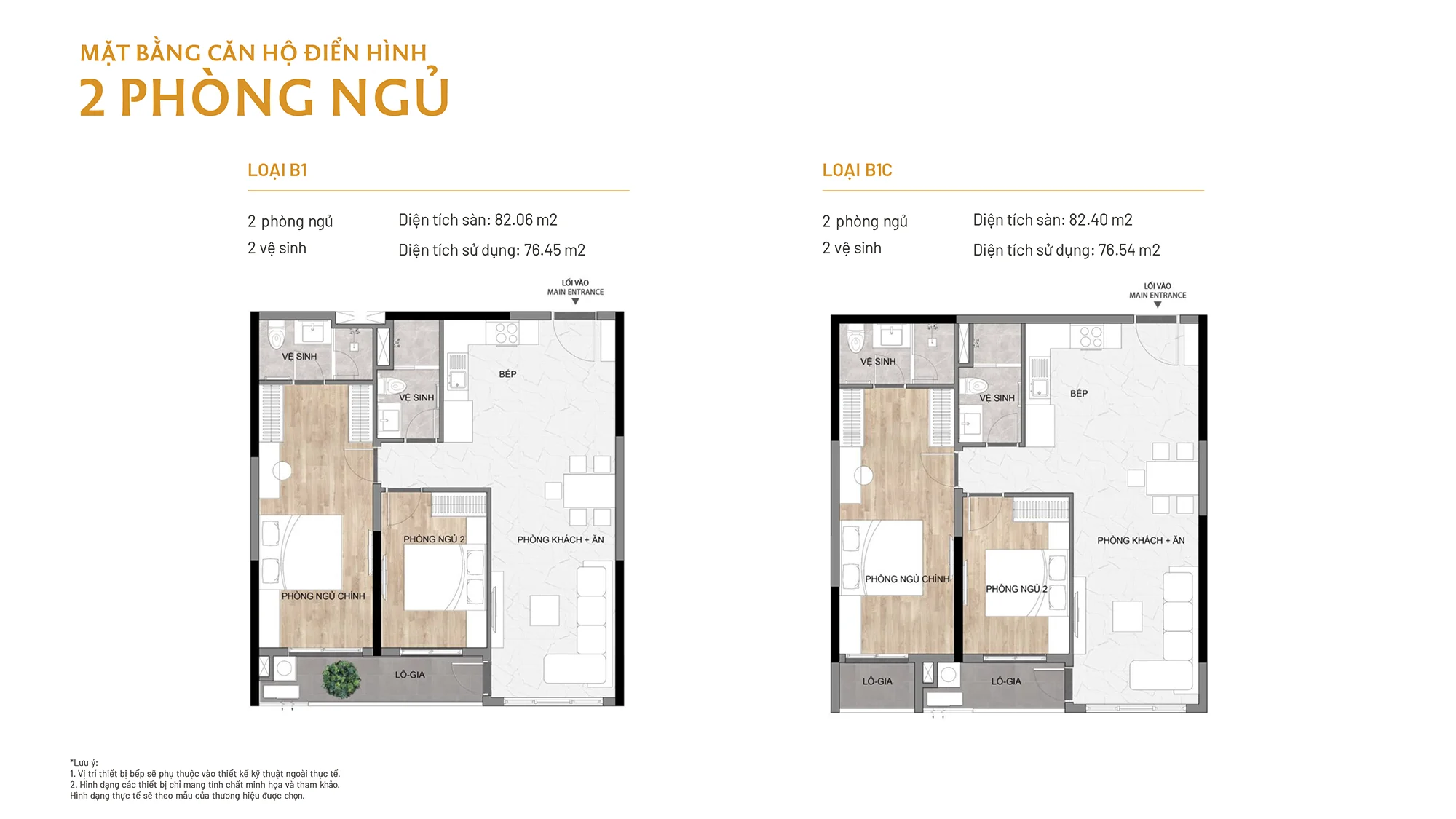 Mặt bằng thiết kế căn hộ 2 phòng ngủ loại B1 và B1C dự án Elysian