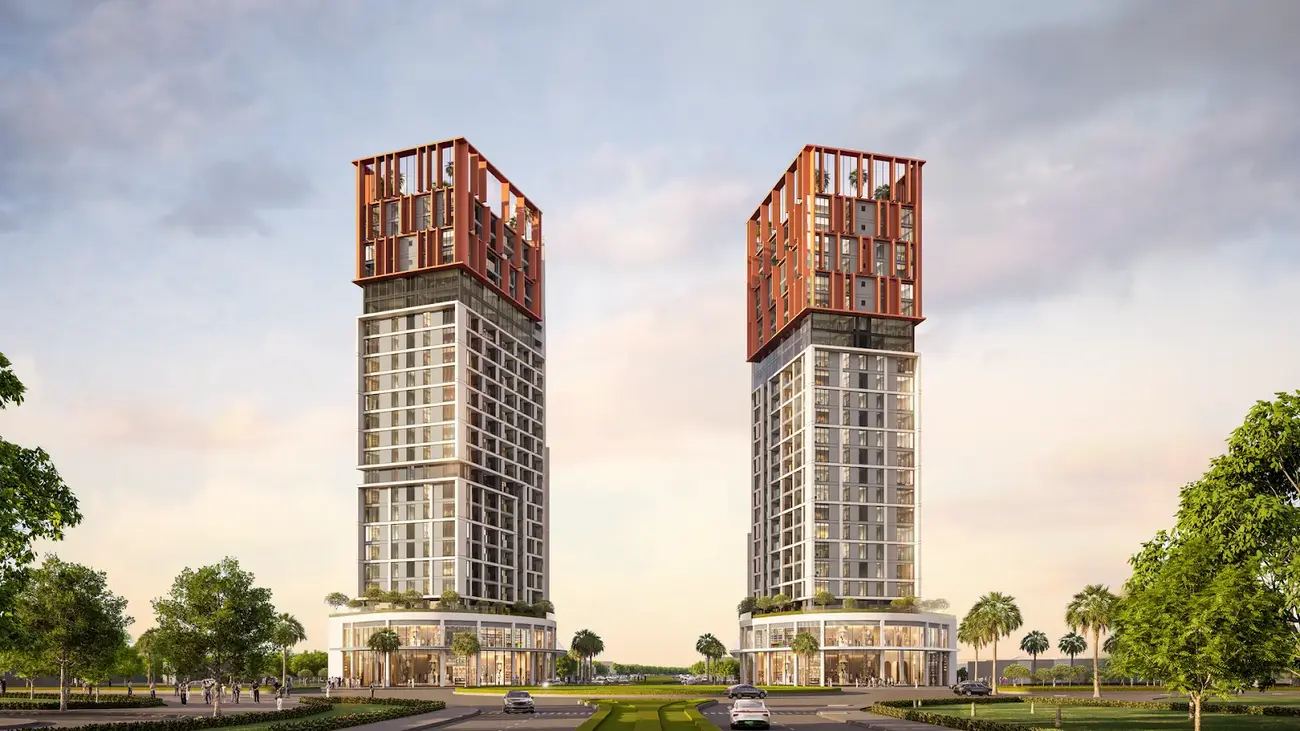 Hai tòa tháp đối xứng như “Song lân chầu nhật”, biểu tượng của thịnh vượng tại Cora Tower. (Ảnh phối cảnh: Sun Property)