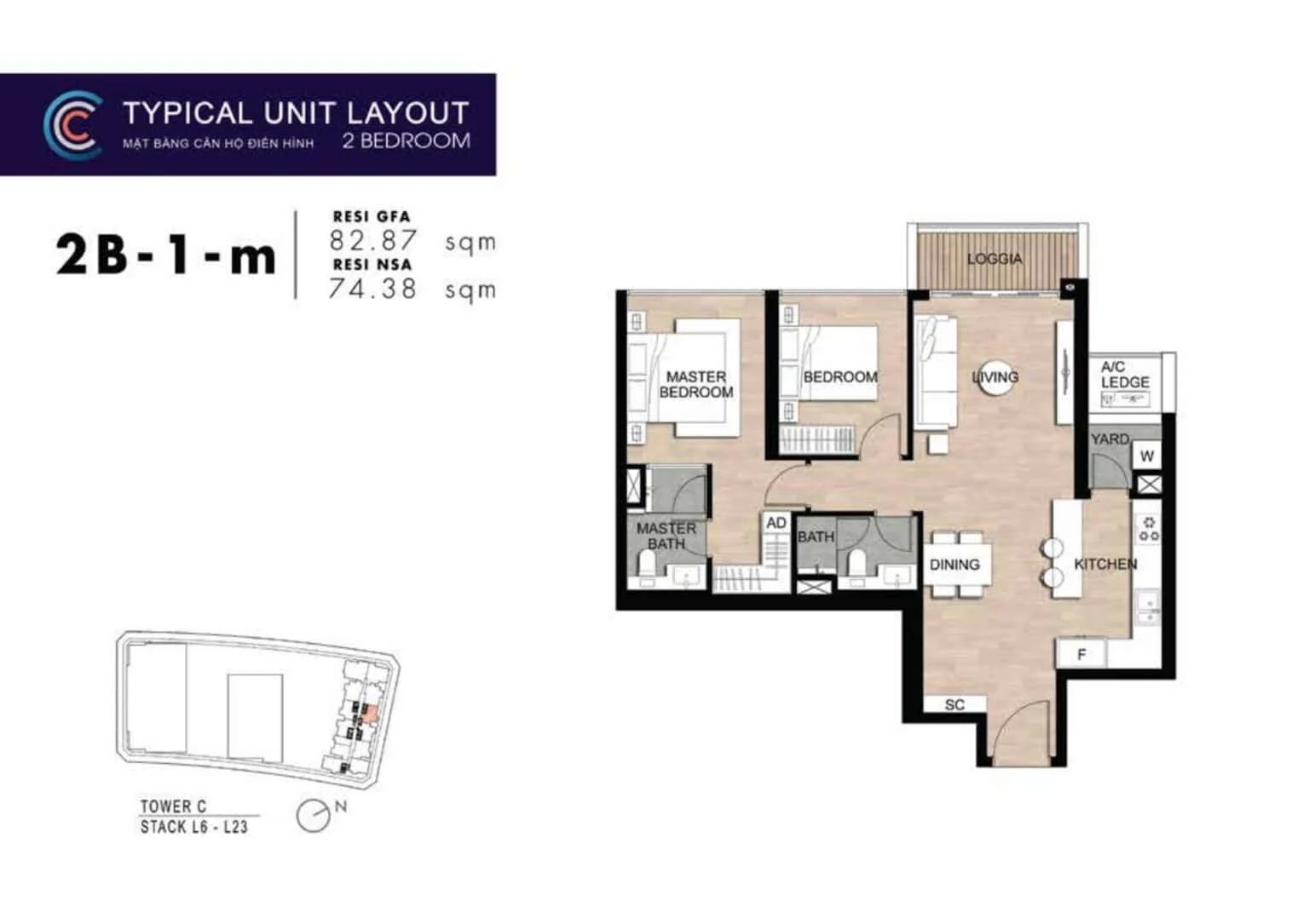 Sơ đồ mặt bằng căn hộ 2 phòng ngủ type 2B-1-m dự án The Metropole Thủ Thiêm