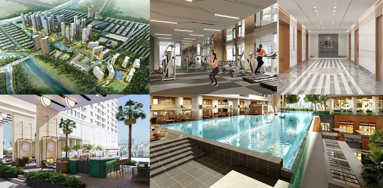 Tổ hợp tiện ích thể thao và thư giãn trong nhà tại The Global City bao gồm phòng gym, hồ bơi và sảnh đón khách