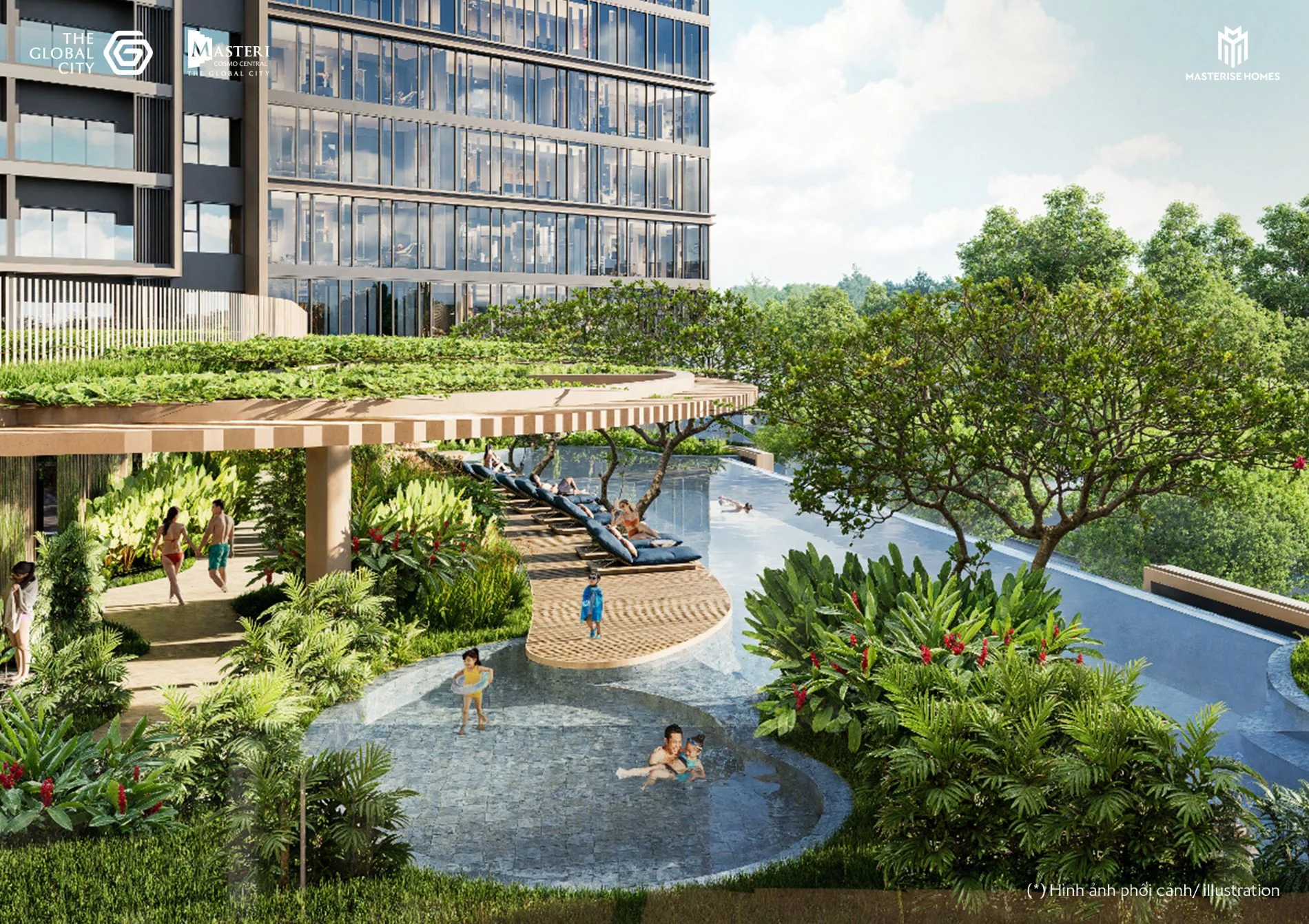 Gia đình vui đùa tại hồ bơi trẻ em dự án Masteri Cosmo Central