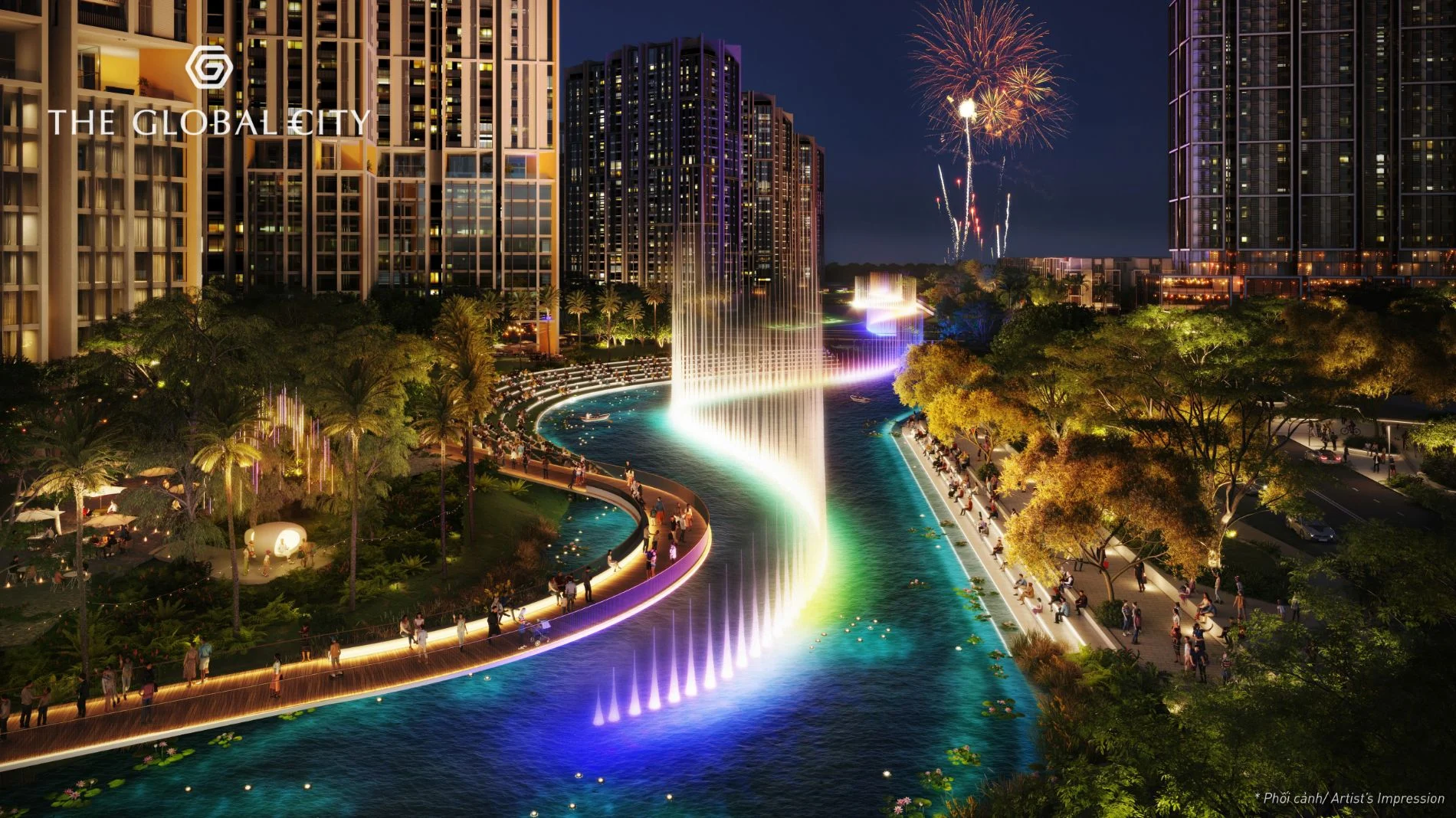 Khung cảnh biểu diễn nhạc nước kết hợp ánh sáng và pháo hoa rực rỡ tại kênh đào The Global City.