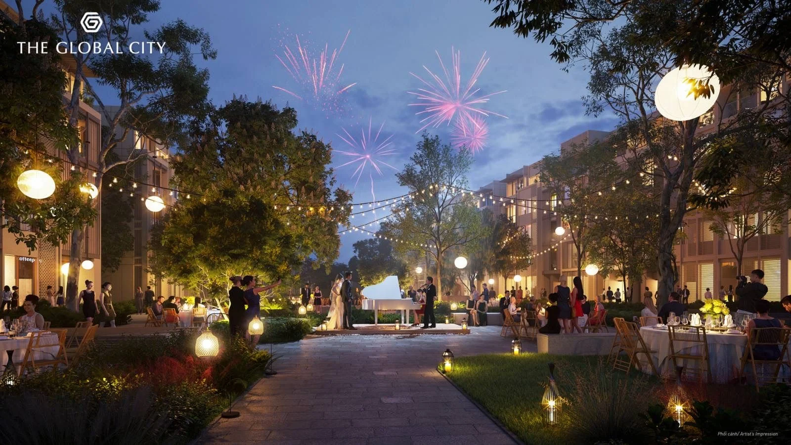 Tiệc tối ngoài trời sang trọng với đàn piano và pháo hoa tại khuôn viên nội khu The Global City.