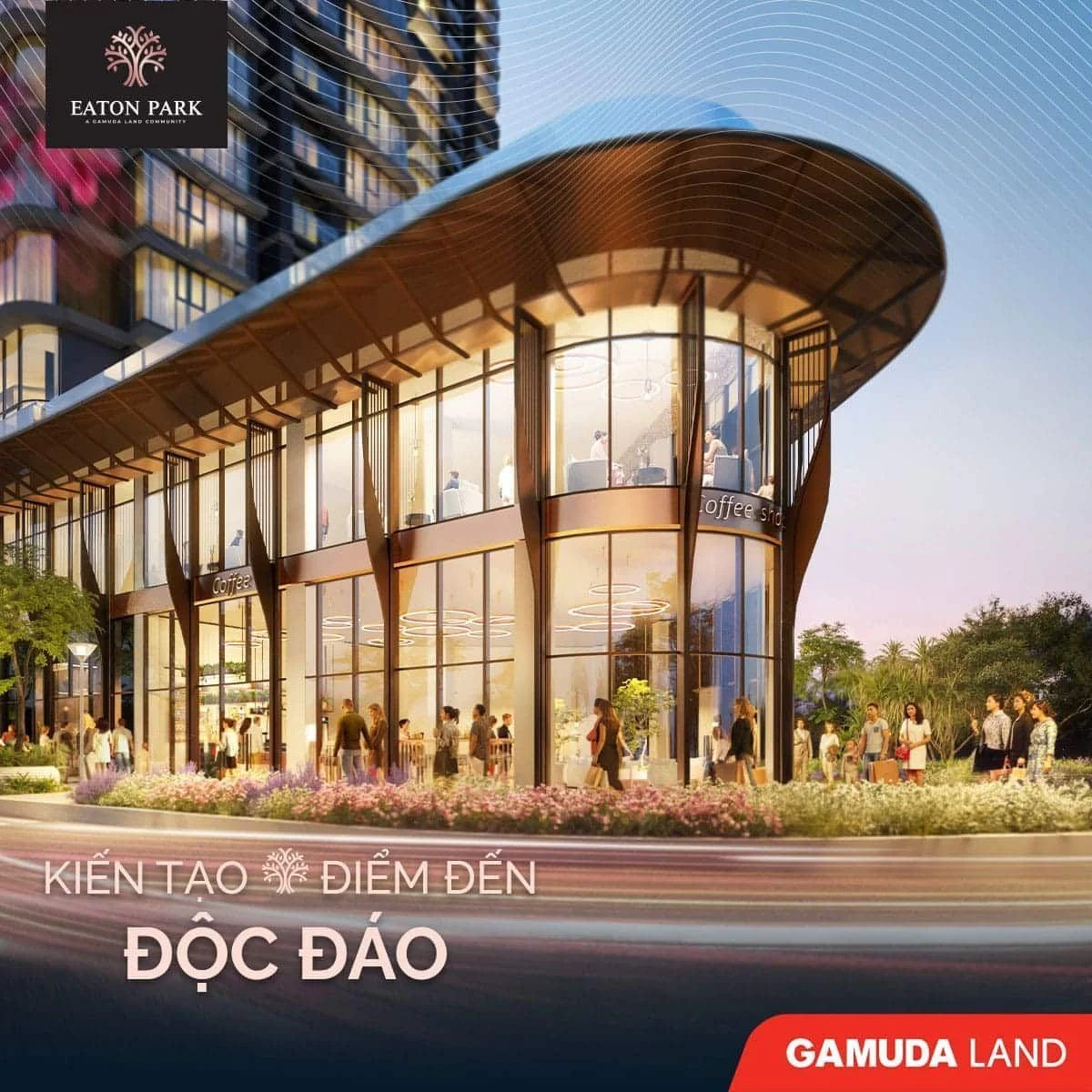 Thiết kế mặt ngoài bằng kính của khu shophouse khối đế Eaton Park