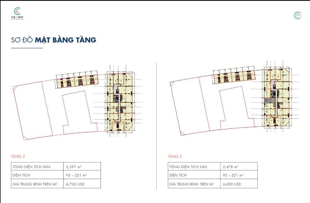 Sơ đồ mặt bằng tầng 2 và tầng 3 khu văn phòng The Crest Residence