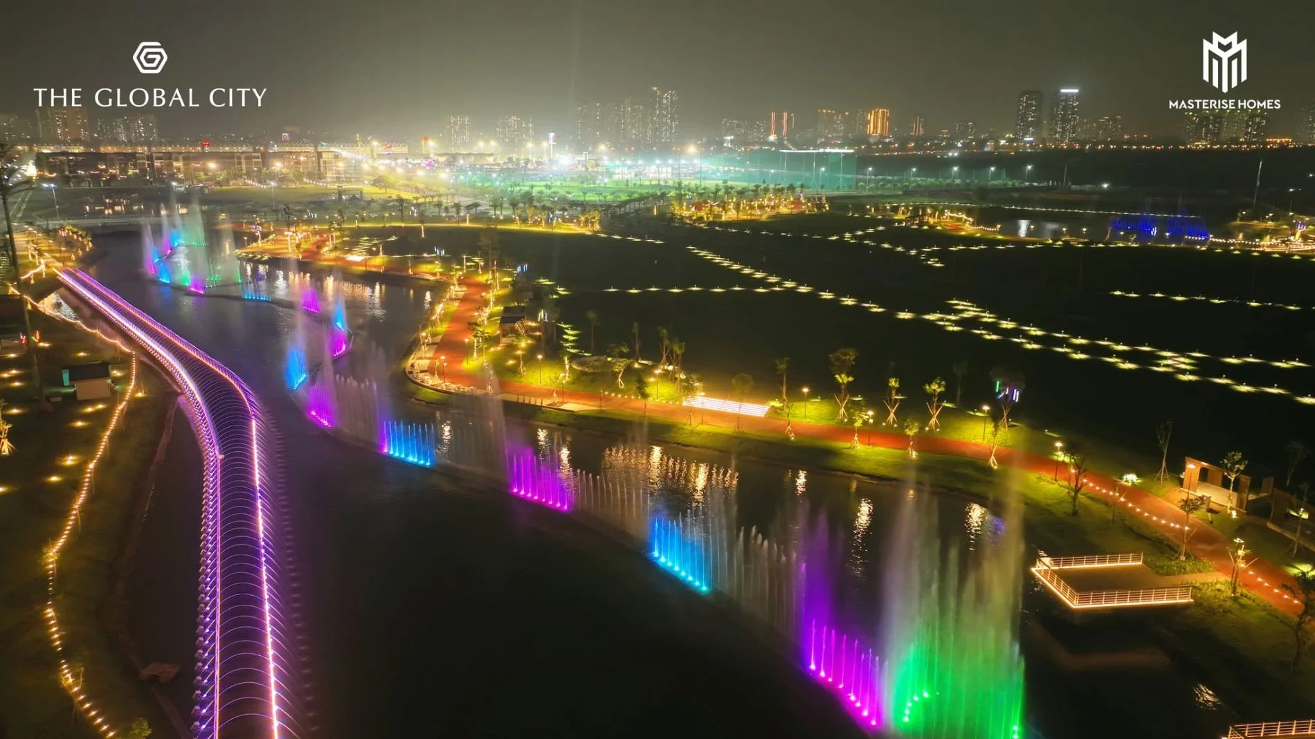 Góc nhìn trên cao toàn cảnh khu vực kênh đào nhạc nước và công viên trung tâm The Global City