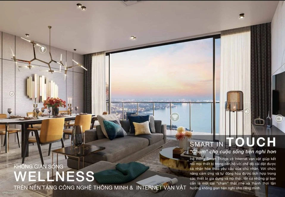 Phòng khách The Crest Residence trang bị kính Low-E và hệ thống Smart Home hiện đại