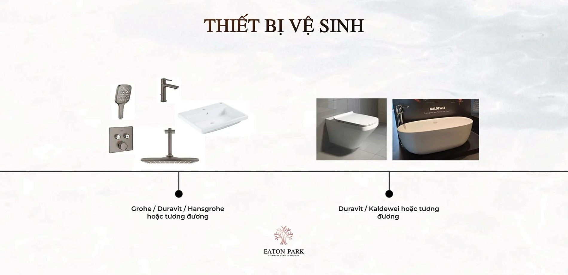 Bộ thiết bị vệ sinh cao cấp từ thương hiệu Grohe, Duravit và bồn tắm Kaldewei tại căn hộ Eaton Park.