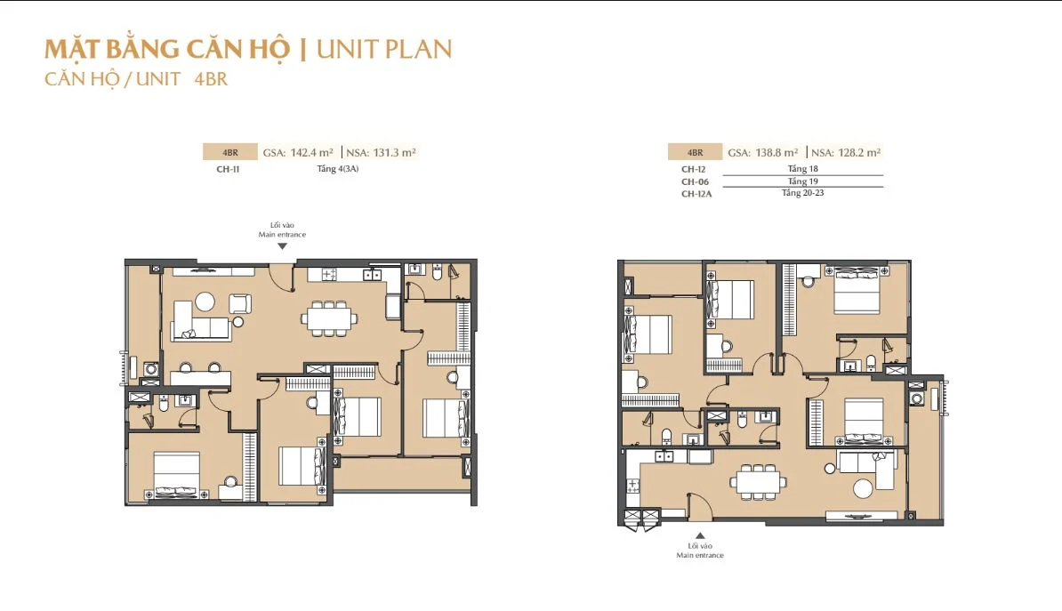 Layout mặt bằng căn hộ 4 phòng ngủ mã CH-11 và CH-12 dự án Masteri Cosmo Central