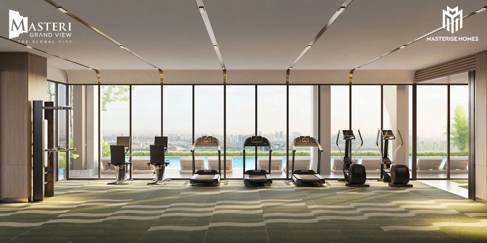 Phòng gym trang bị máy móc hiện đại với tầm nhìn hướng ra hồ bơi tại Masteri Grand View