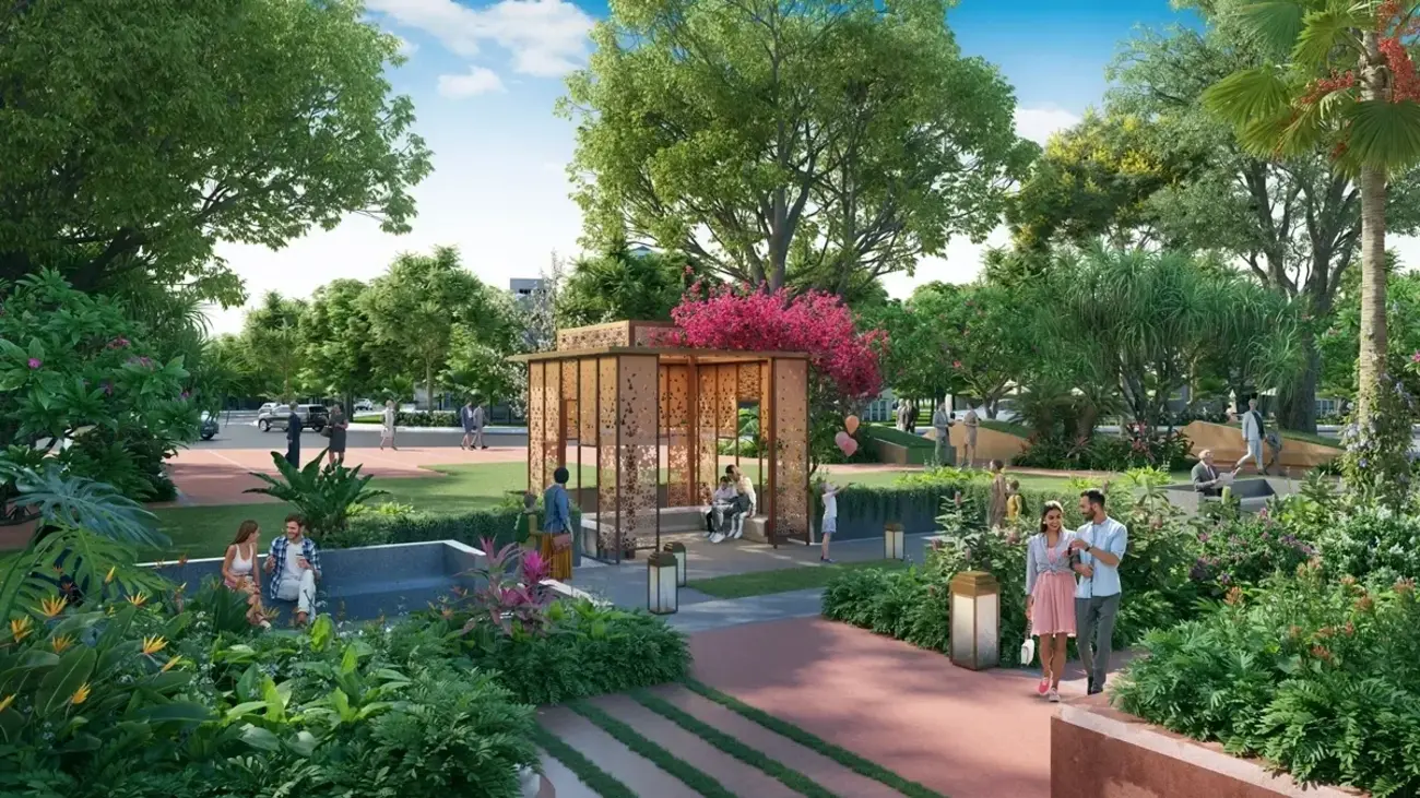 Không gian xanh tươi mát tại công viên Central Park nội khu Sun Symphony Residence. Ảnh phối cảnh minh họa Sun Property