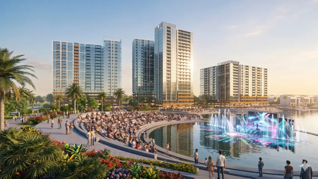 Khu vực Festival Island với quảng trường trung tâm và các hoạt động giải trí sôi động tại Charmora City, Nam Nha Trang.