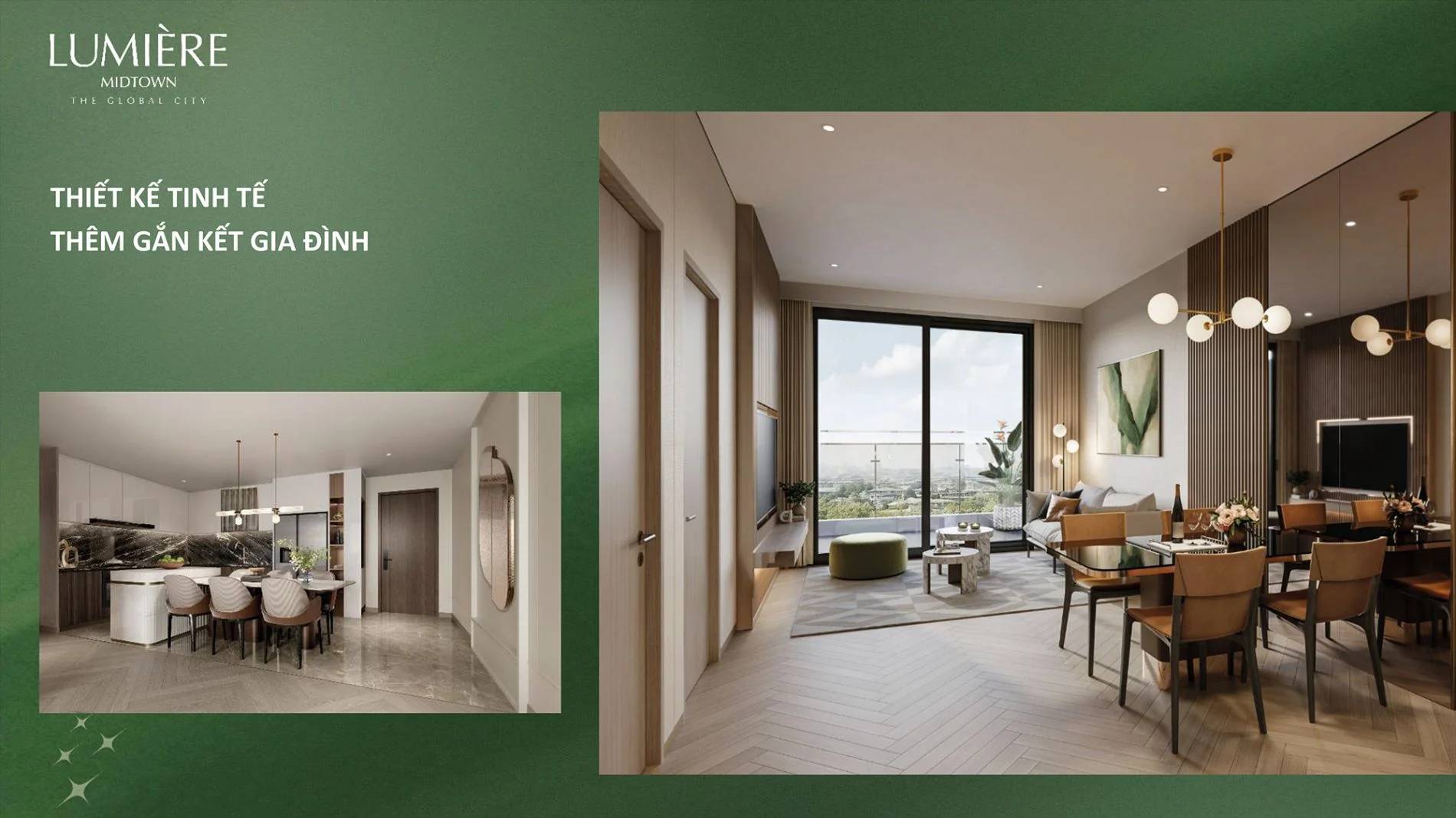Không gian nội thất phòng khách và bếp mở tại căn hộ Lumiere Midtown