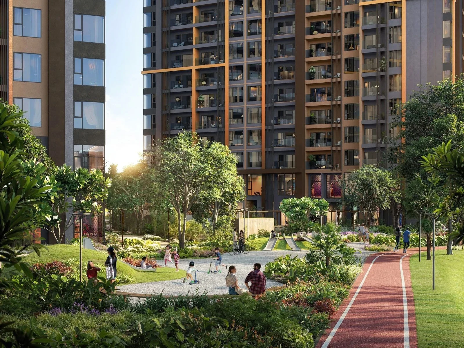 Trẻ em đang vui chơi tại khu vực công viên ngoài trời của dự án Masteri Park Place