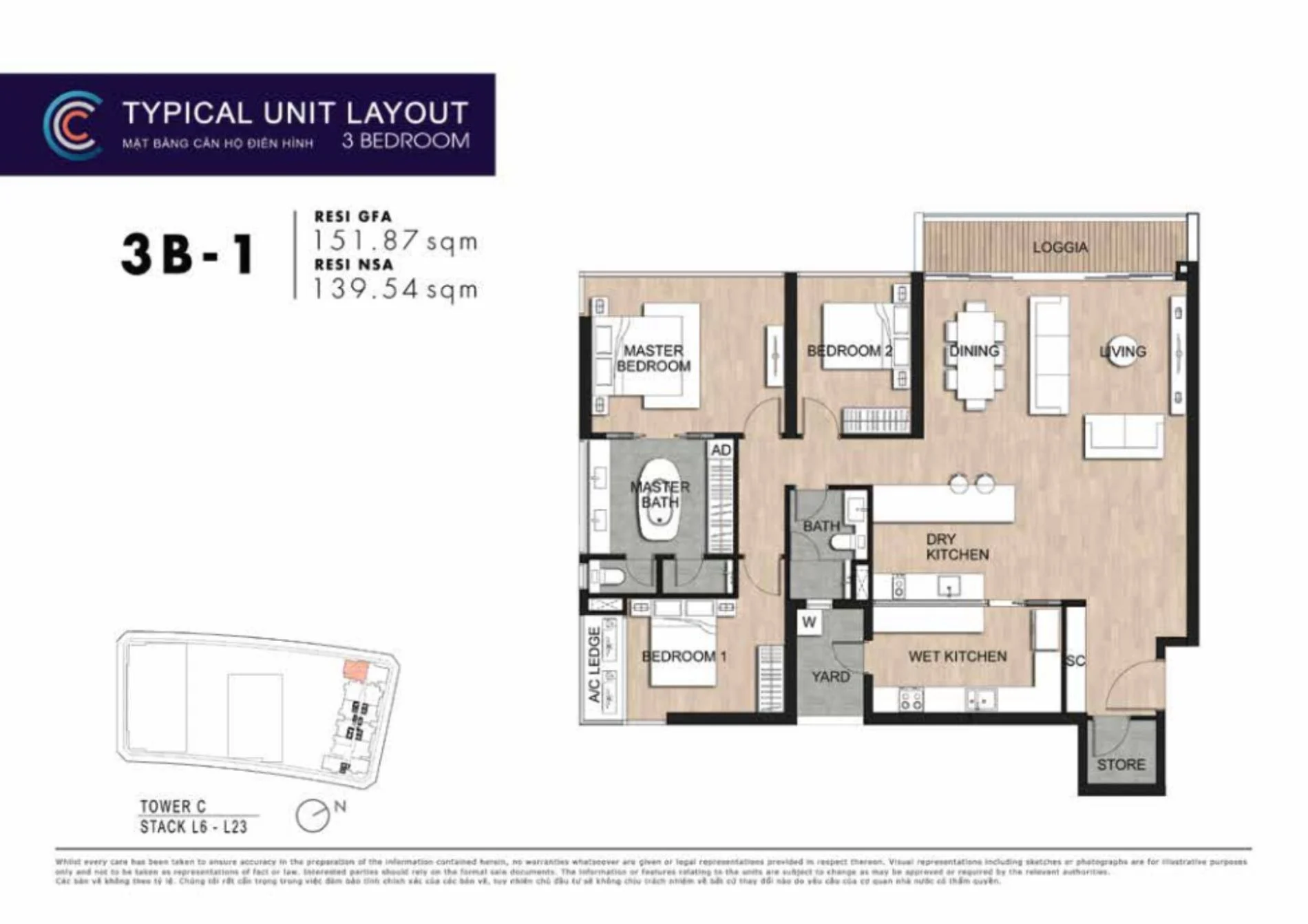 Chi tiết bản vẽ layout căn hộ 3 phòng ngủ hạng sang 3B-1 tại The Crest Residence