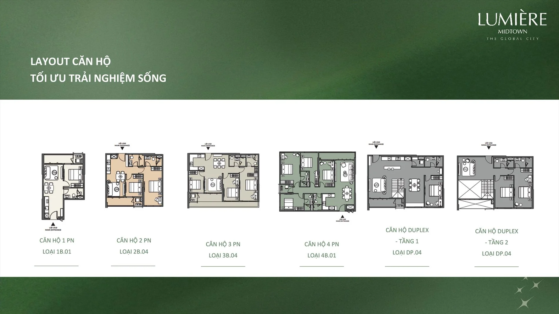 Bản vẽ layout chi tiết các loại hình căn hộ từ 1PN đến Duplex