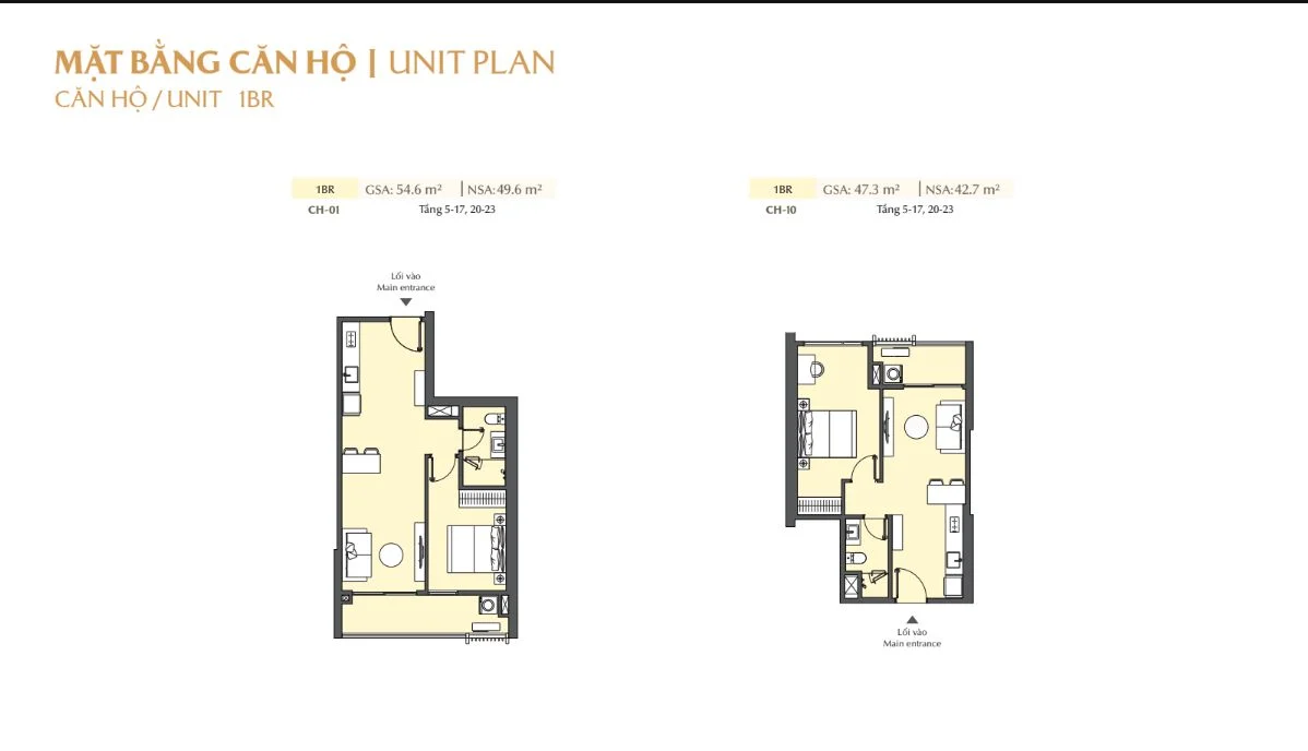 Bản vẽ chi tiết mặt bằng layout căn hộ 1 phòng ngủ mã CH-01 và CH-10 dự án Masteri Cosmo Central