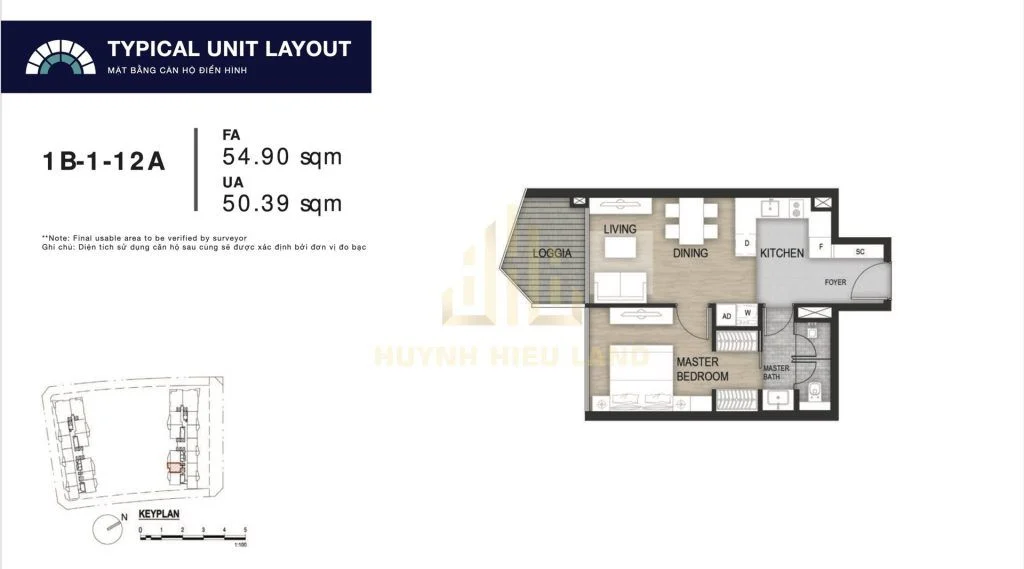 Sơ đồ thiết kế bóc mái căn hộ 1 phòng ngủ tại dự án The Opera Residence