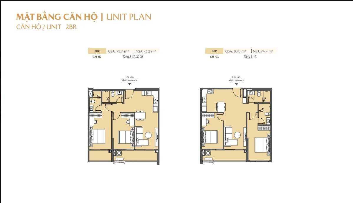 Bản vẽ thiết kế layout căn hộ 2 phòng ngủ mã CH-02 và CH-03 dự án Masteri Cosmo Central