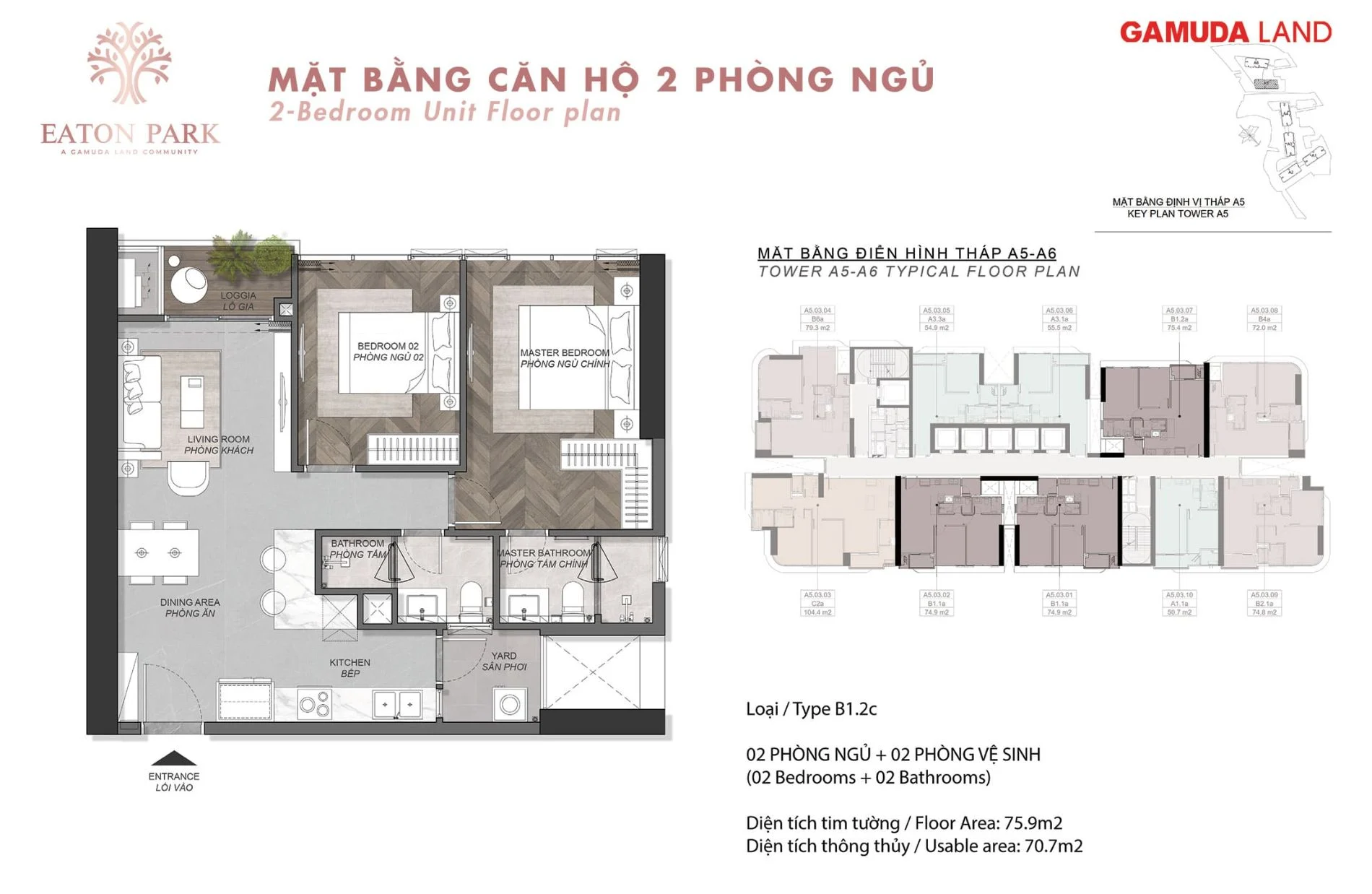 Bản vẽ thiết kế chi tiết mặt bằng căn hộ 2 phòng ngủ tại dự án Eaton Park