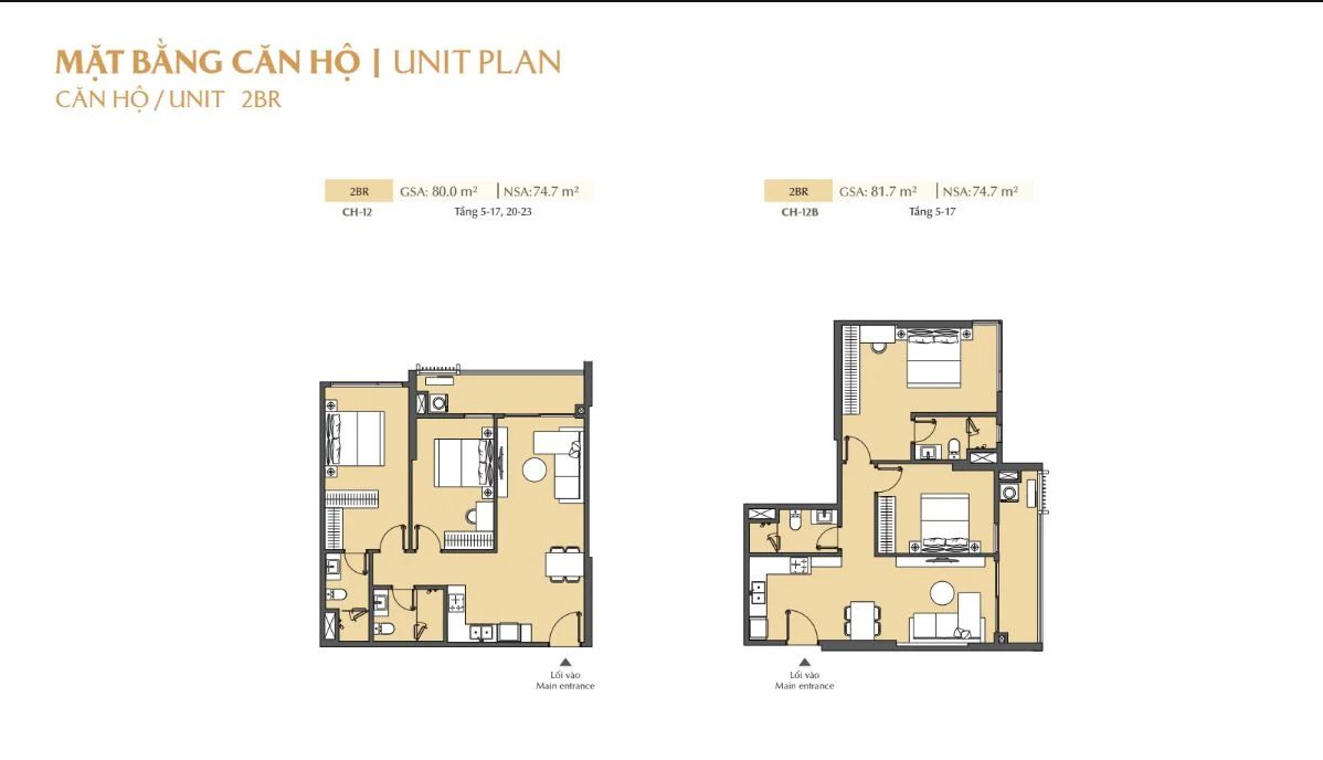 Chi tiết layout mặt bằng căn hộ 2 phòng ngủ mã CH-12 và CH-12B Masteri Cosmo Central