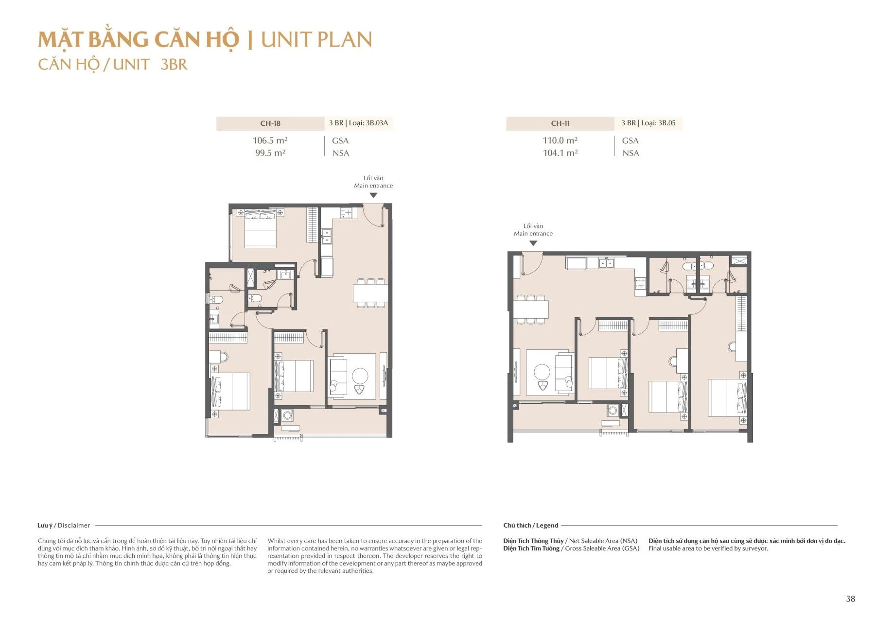 Thiết kế mặt bằng căn hộ 3 phòng ngủ 3BR mã CH-18 và CH-11 tháp B2 Masteri Park Place