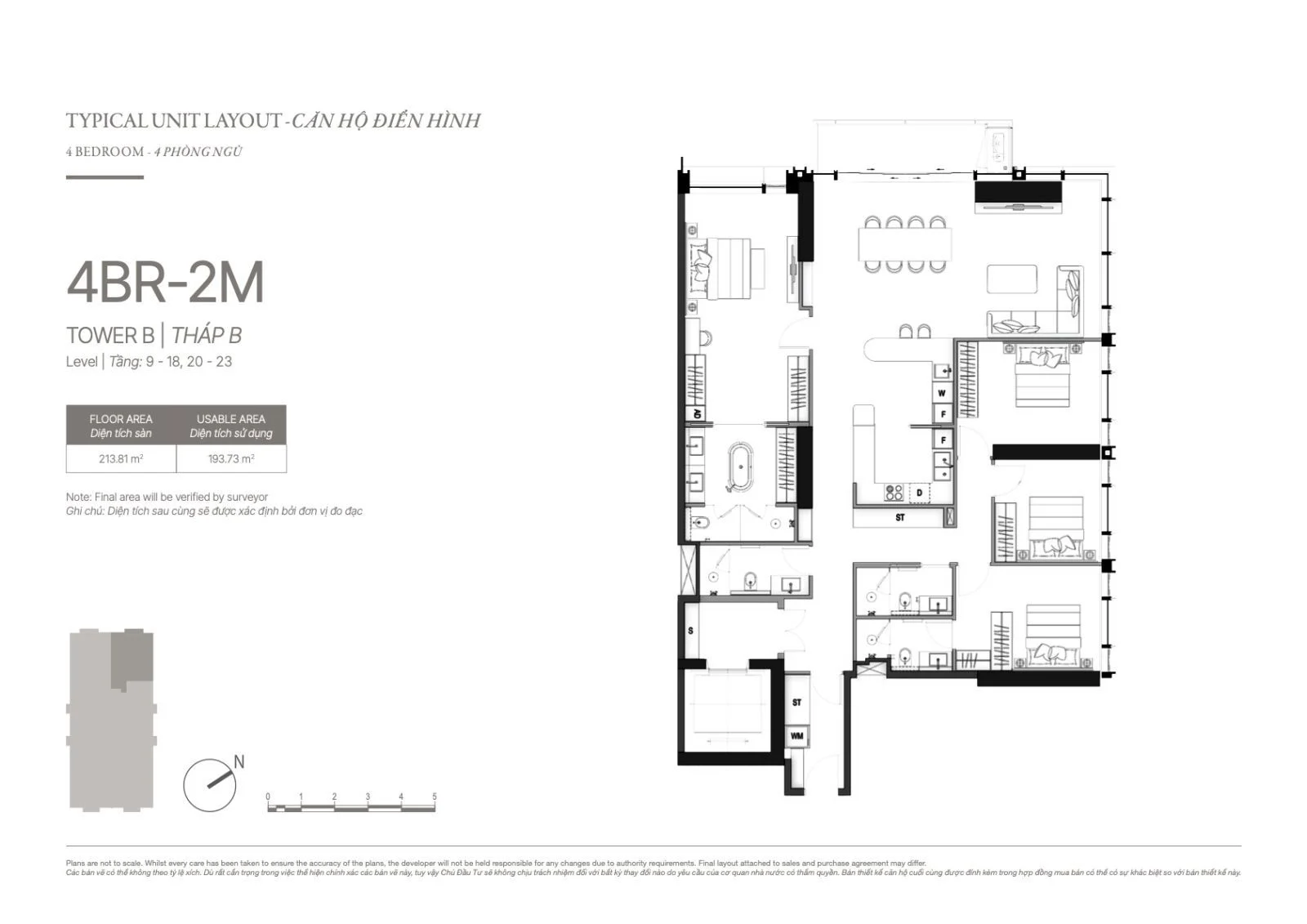 Bản vẽ bóc mái layout căn hộ 4 phòng ngủ type 4BR-2M tháp B dự án The Metropole Thủ Thiêm