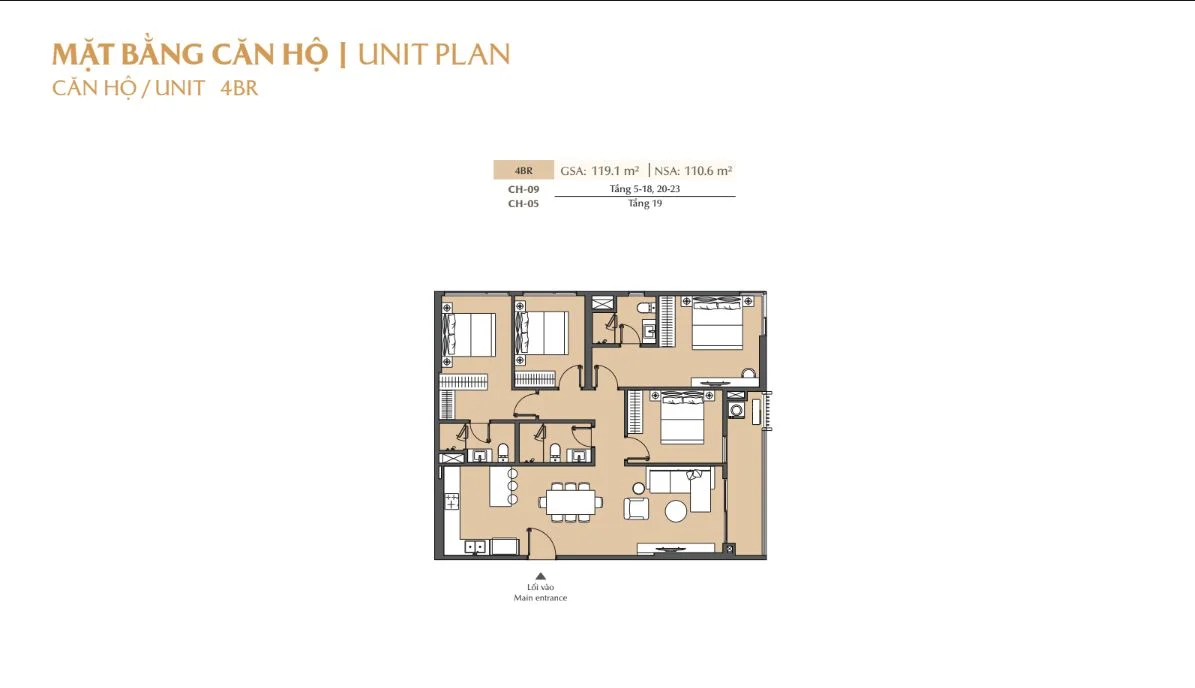 Bản vẽ layout căn hộ 4 phòng ngủ mã CH-09 và CH-05 diện tích 119.1m2 Masteri Cosmo Central