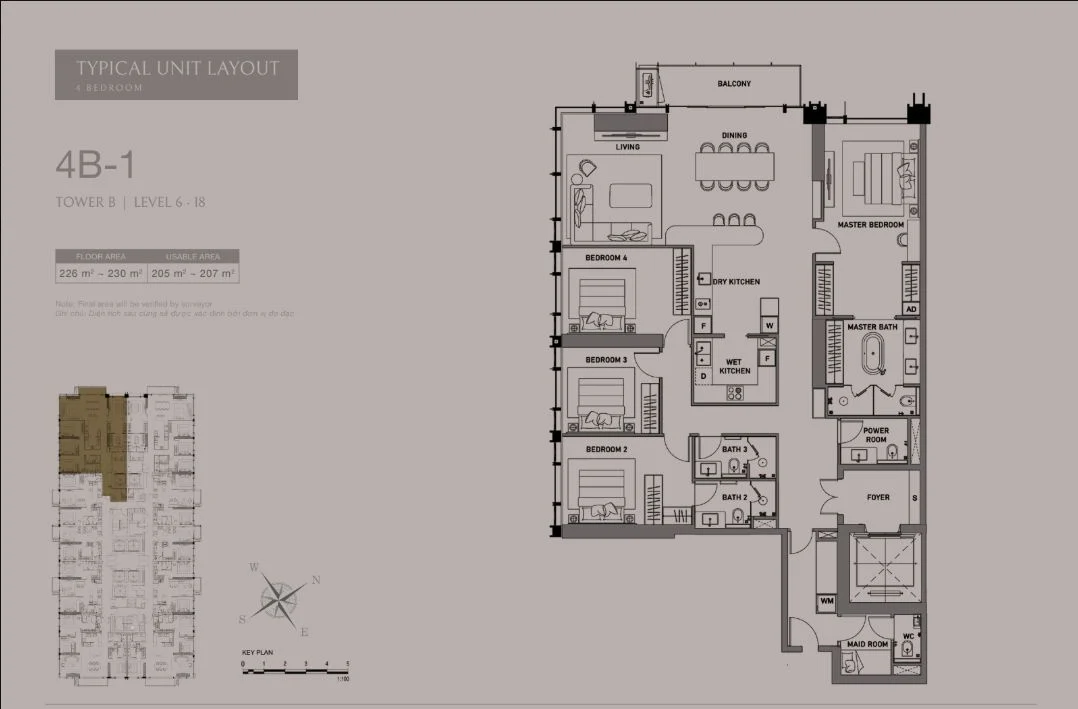 Bản vẽ thiết kế layout căn hộ 4 phòng ngủ loại 4B-1 tại The Opusk Residence
