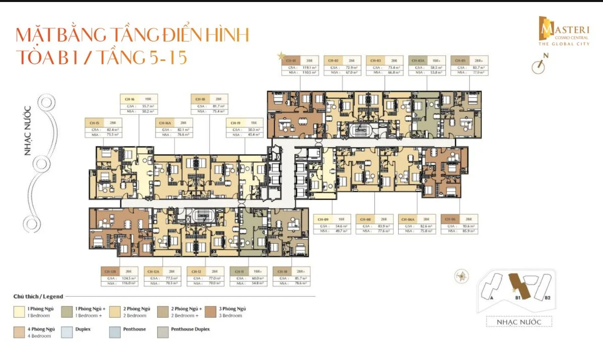 Layout mặt bằng tầng điển hình từ tầng 5 đến tầng 15 của tháp B1 dự án Nexus Zone CT3
