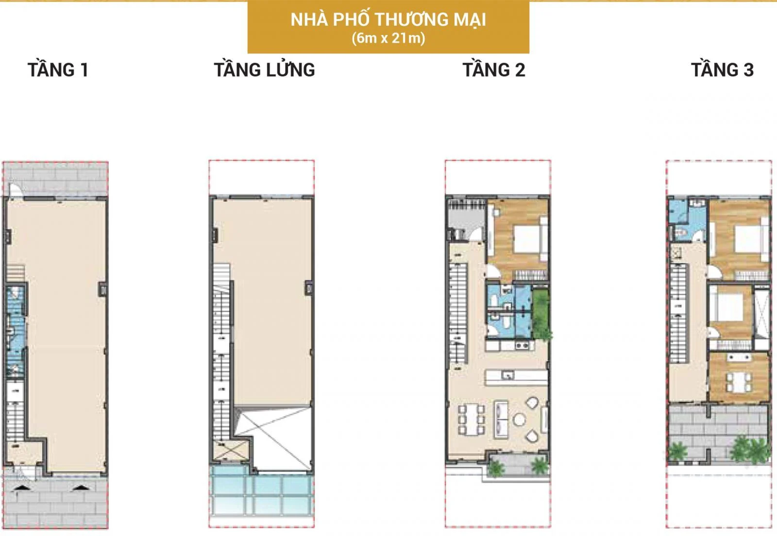 Bản vẽ layout chi tiết các tầng của nhà phố thương mại Senturia An Phú kích thước 6x21m.