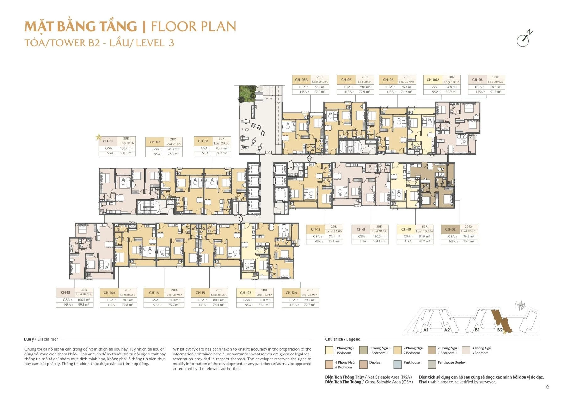 Sơ đồ mặt bằng tầng 3 tháp B2 Masteri Park Place thể hiện sự đan xen giữa căn hộ 2PN và 3PN