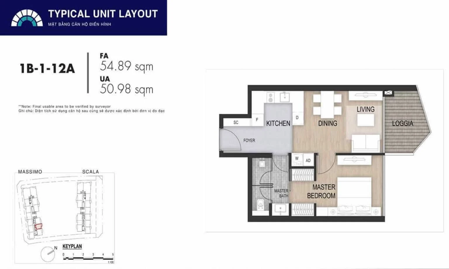 Bản vẽ layout căn hộ 1 phòng ngủ type 1B-1-12A dự án The Metropole Thủ Thiêm