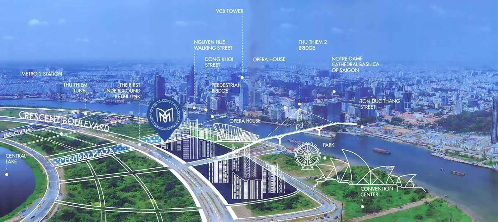Sơ đồ mạng lưới kết nối hạ tầng giao thông và tiện ích bao quanh dự án The Metropole Thủ Thiêm.